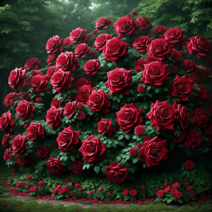 image of a large rose bush with deep red roses. The bush is lush and full, covered with numerous vibrant, deep red roses 